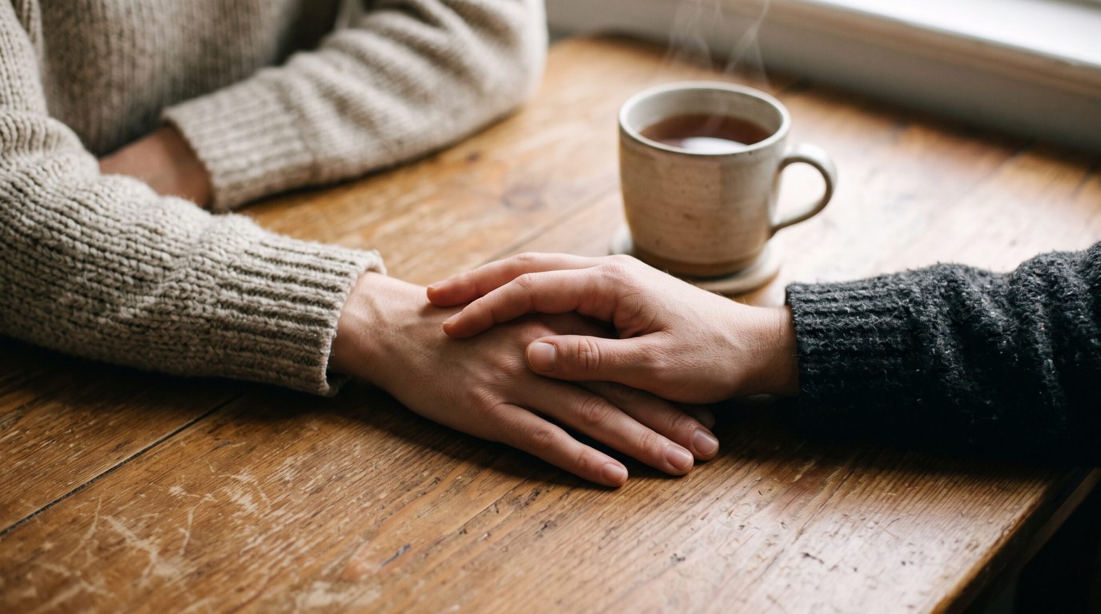 Two hands held gently together offering comfort, representing a message for someone who passed away