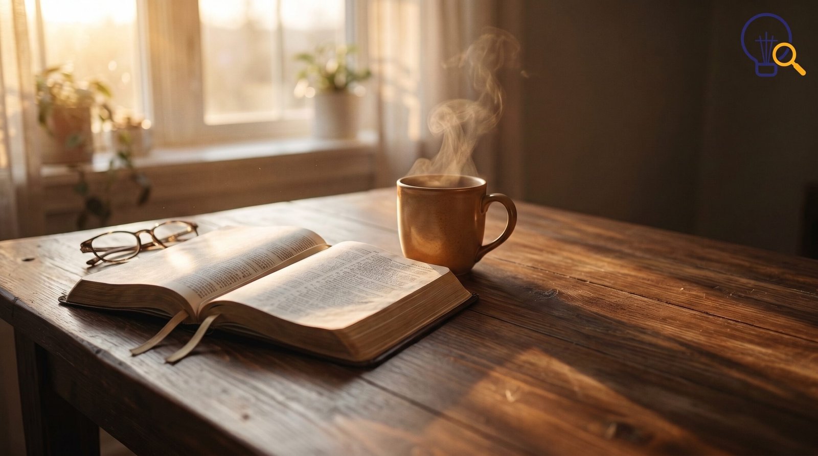 Open Bible and a cup of tea in warm morning sunlight, symbolizing an inspirational message from God today