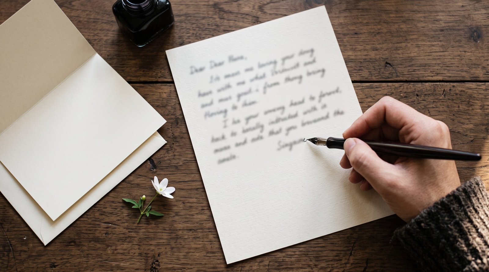 Hand writing a handwritten sympathy note with a pen and a white flower beside the card