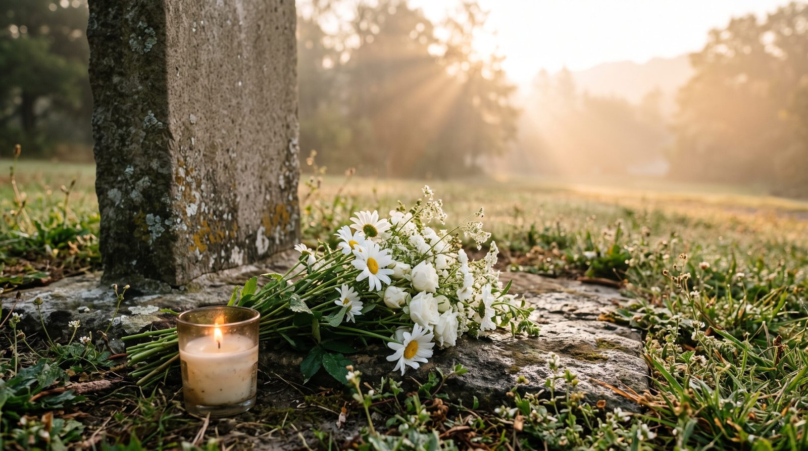 Lit candle and white flowers at a memorial at sunrise, honoring a loved one in heaven