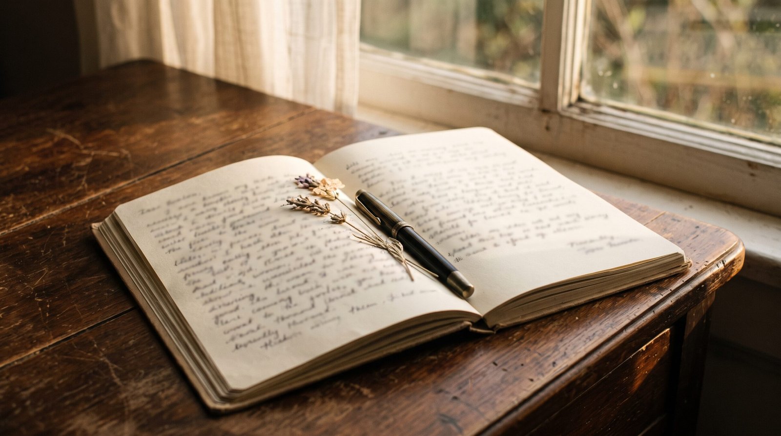 Open journal with an unsent letter and dried flower, a goodbye message to someone who passed away