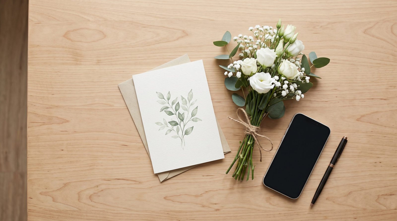 Sympathy card, phone, pen, and flowers showing ways to send a condolence message