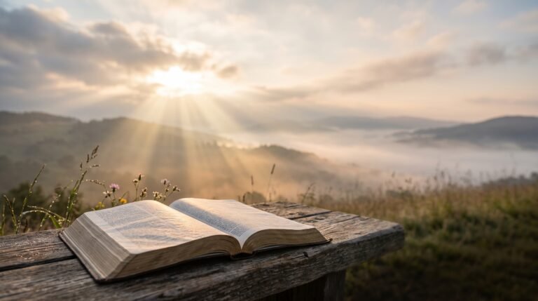 Open Bible in golden sunrise light, a peaceful inspirational message from God today