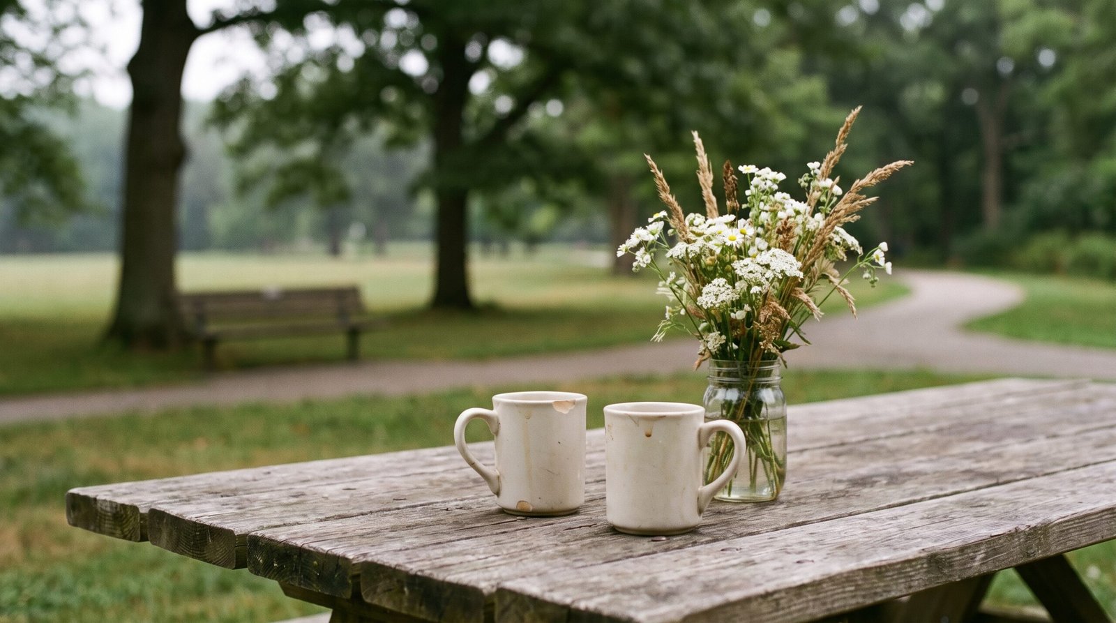 Two coffee mugs and a vase of white flowers on a wooden picnic table in a peaceful park.