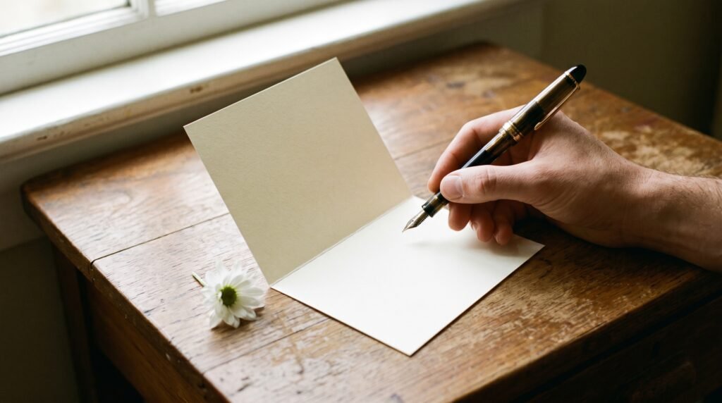 Person about to write a rest in peace message on a blank cream card with a fountain pen