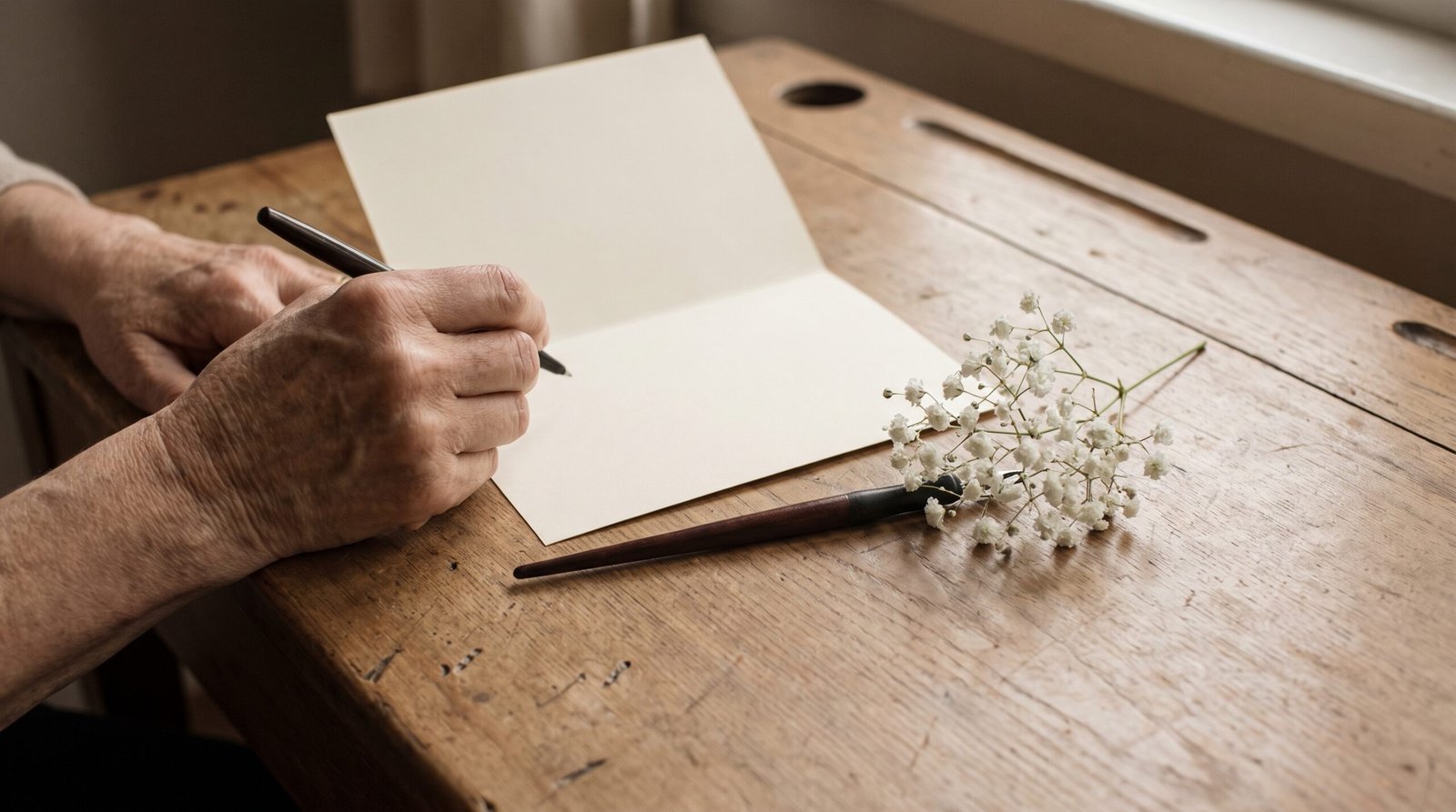 Elderly person writing a rest in peace message in a sympathy card