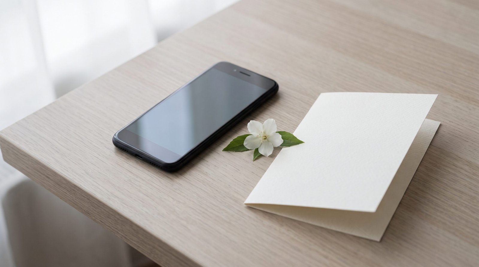 Black phone, white jasmine flower and folded cream card for sending a rest in peace message