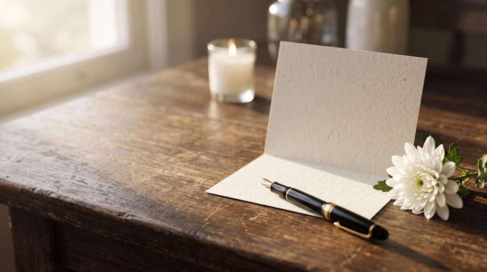 Open sympathy card with a white flower and fountain pen on a wooden desk for a rest in peace message